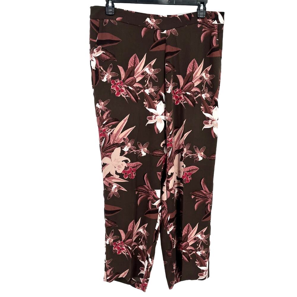 Chico's El Cielo Wide Leg Pants Size Large 14 Brown Pink Floral Print Pull On